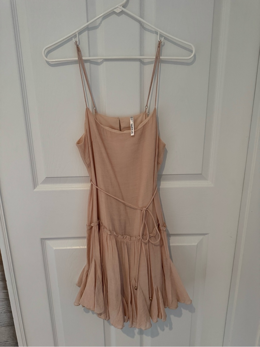 Neutral Beige Spaghetti-Strap Mini Dress with Tie Waist